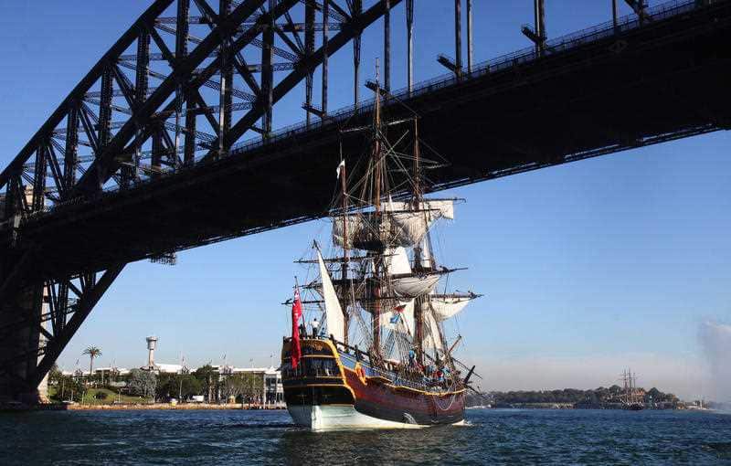 A replica of Captain Cook's ship HM Bark Endeavour arrives in Sydney Harbour