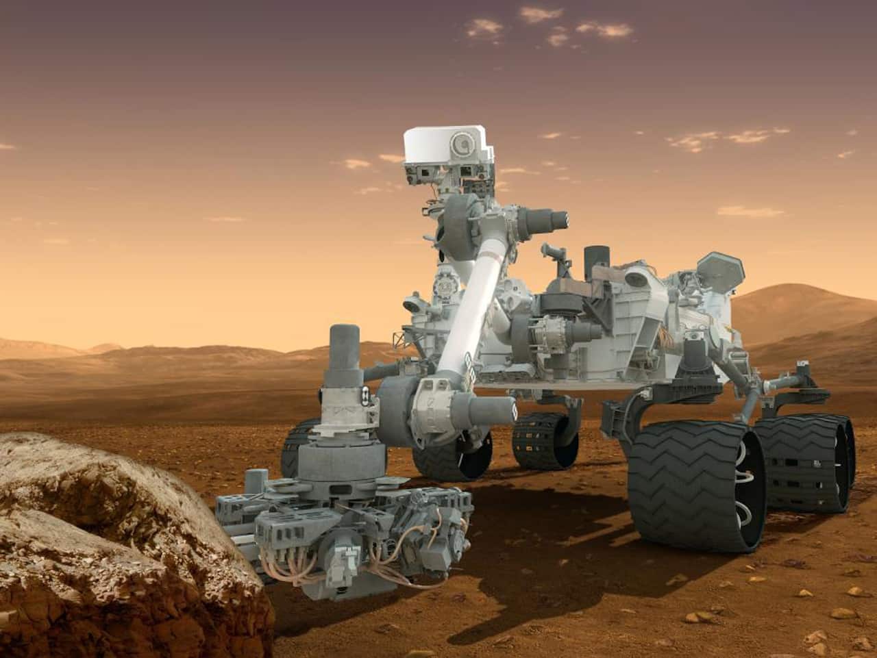 An artist's concept showing NASA's Mars Science Laboratory Curiosity rover, a mobile robot for investigating Mars' past or present ability to sustain microbial life. (AAP)