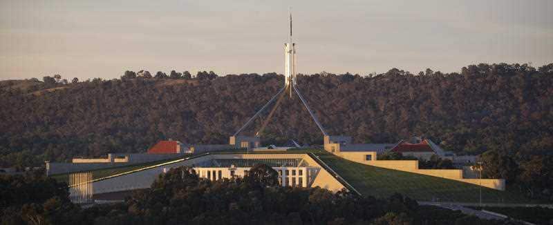 Parliament House seen from a hot air balloon in Canberra