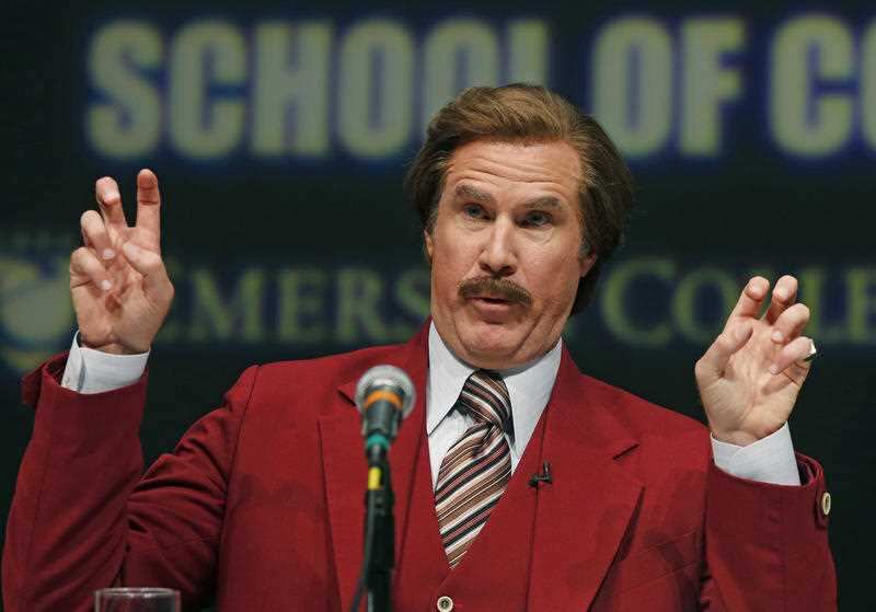 Actor and comedian Will Ferrell, who plays TV anchorman Ron Burgundy, stays in character during a news conference 