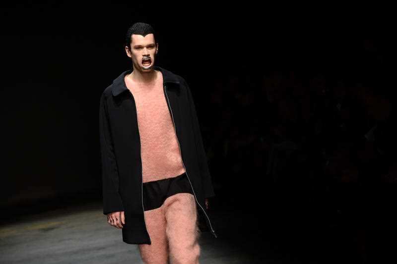 A model wears mohair clothing at the MAN fashion show in London.