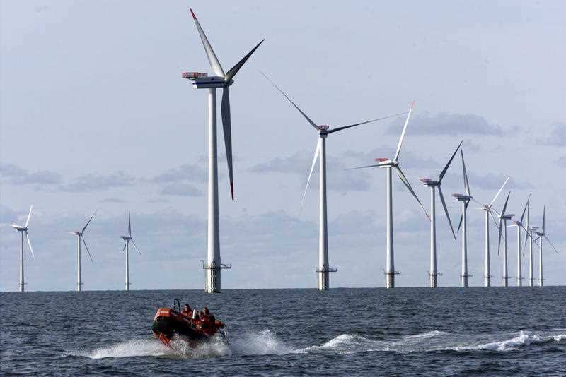 Offshore windmills in the North Sea offshore from near Esbjerg, Denmark
