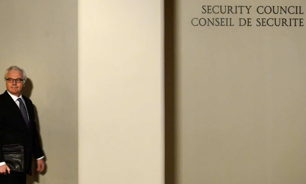 Vitaly Churkin, Russia's Ambassador to the United Nations, arrives for a closed Security Council consultation meeting about the situation in Ukraine at UN headquarters in New York, 6 March 2014. (AAP)