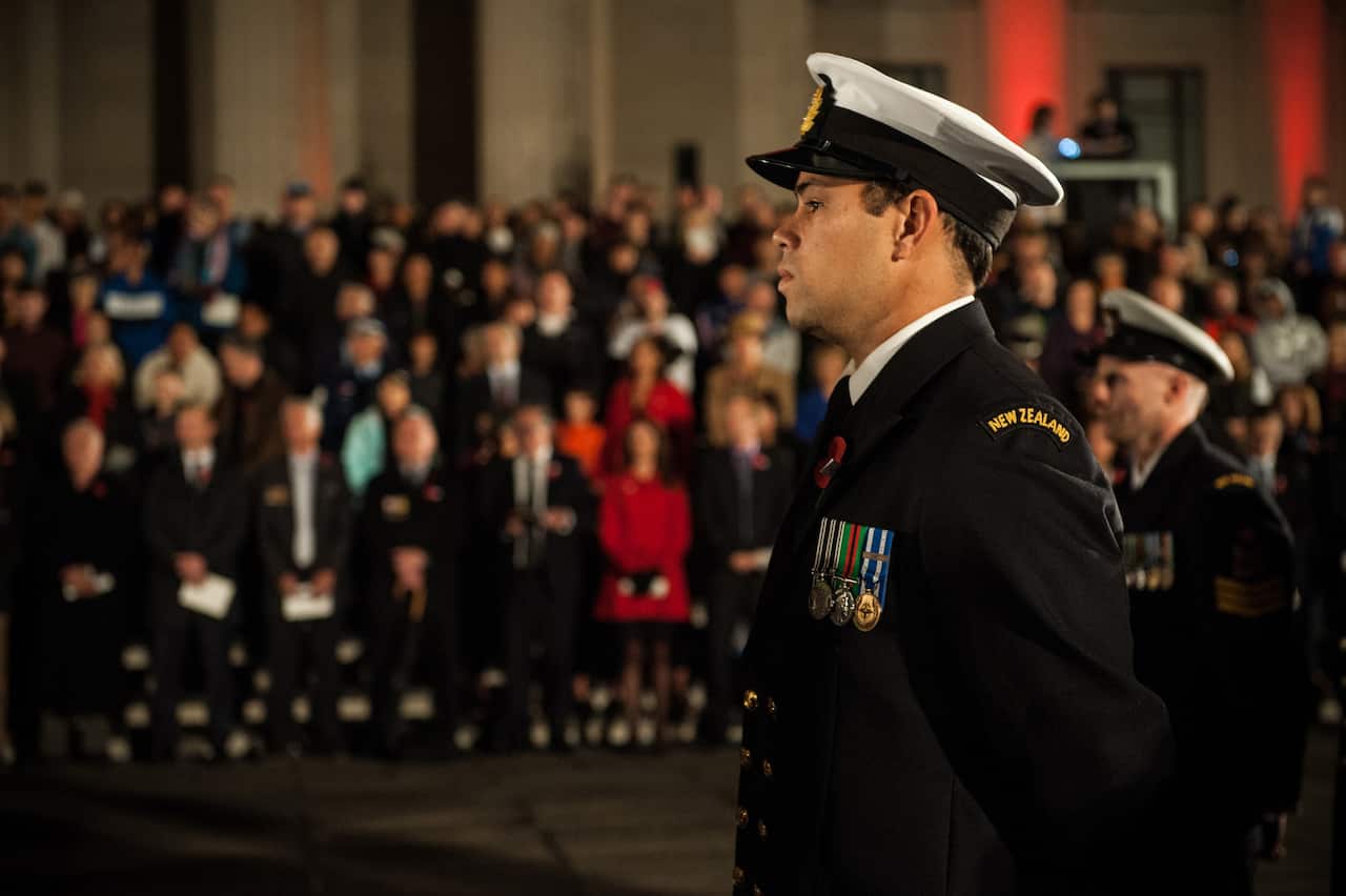 Supplied image of the ANZAC Day Service held at the Auckland War Memorial Museum Cenotaph, Auckland, Friday, April 25, 2014. (AAP/NZN Image/New Zealand Defence Force, Cpl Judith Boulton) NO ARCHIVING, EDITORIAL USE ONLY
