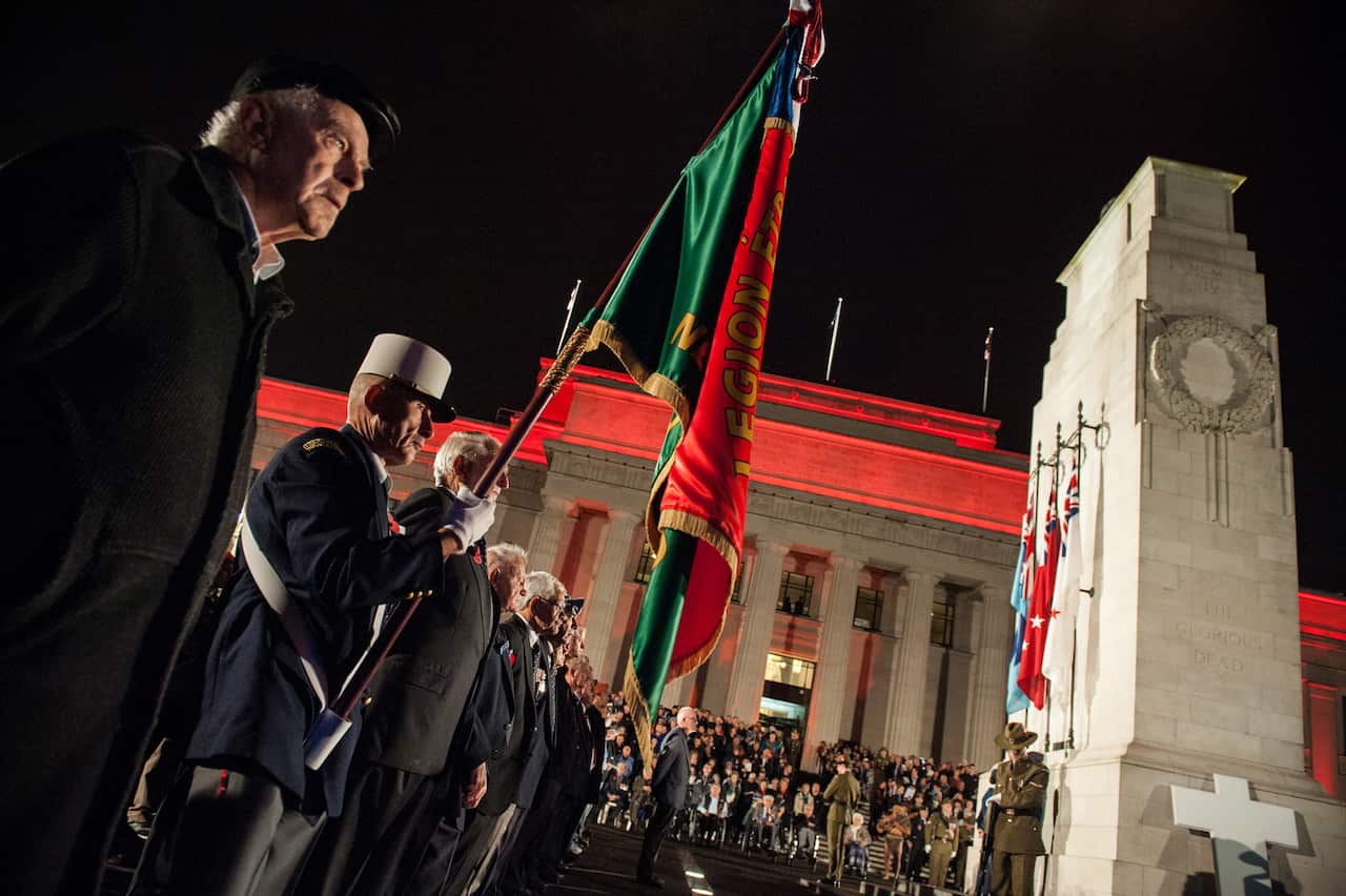 Supplied image of the ANZAC Day Service held at the Auckland War Memorial Museum Cenotaph, Auckland, Friday, April 25, 2014. (AAP/NZN Image/New Zealand Defence Force, Cpl Judith Boulton) NO ARCHIVING, EDITORIAL USE ONLY