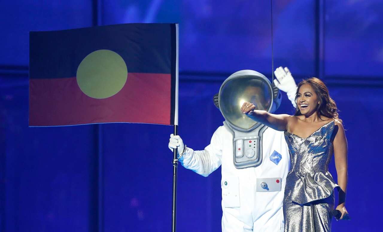 Australian singer Jessica Mauboy performs at the Eurovision Song Contest in 2014.