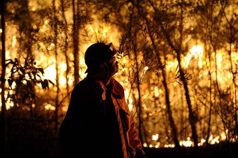 A NSW RFS firefighter assesses a bushfire burning close to homes during the 2013 Blue Mountains bushfires.