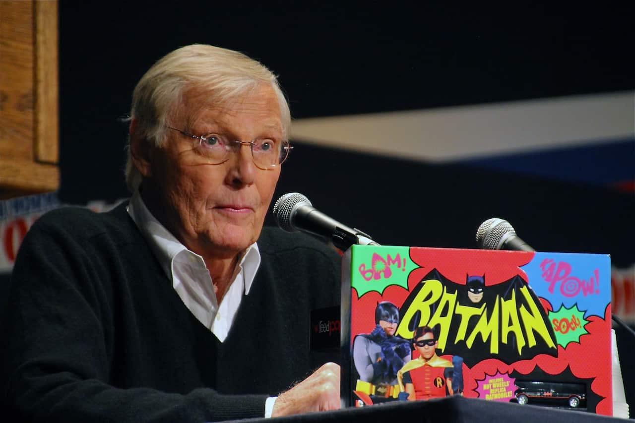Adam West speaks on a panel about Batman: The Complete Television Series - Deluxe Edition at Comic Con in New York in 2014.