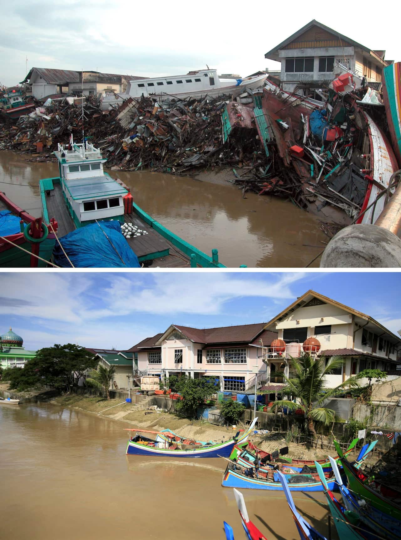 The wreck of a boat in the Aceh River near Peunayoung on 26 December 2004 (top) and a view of the same neighborhood on 16 December 2014 (bottom).