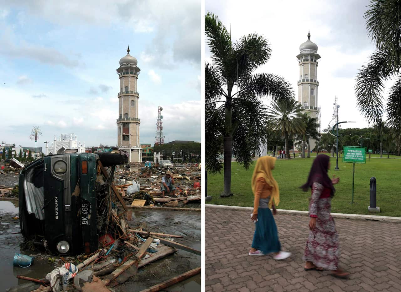 Wreckage before the Baitulrahman Mosque on 26 December 2004 (L), and a view of the same area on 16 December 2014 (R), in Banda Aceh, Indonesia.