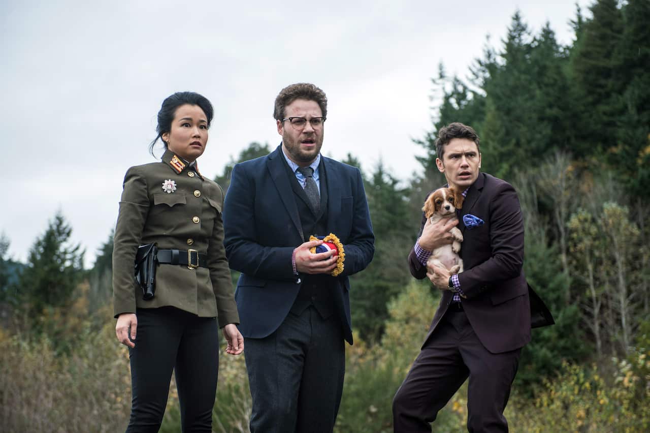 Diana Bang, as Sook, Seth Rogen, as Aaron, and James Franco, as Dave, in Columbia Pictures' "The Interview." (AAP)