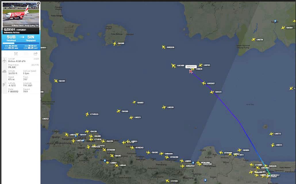 A screen-grab from website Flightradar24 shows the path taken by missing AirAsia flight QZ8501 (AAP)