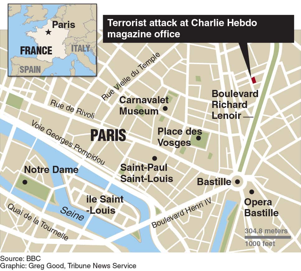 Map of the Charlie Hebdo magazine offices, where three gunmen shot dead 12 people including journalists and two policemen.