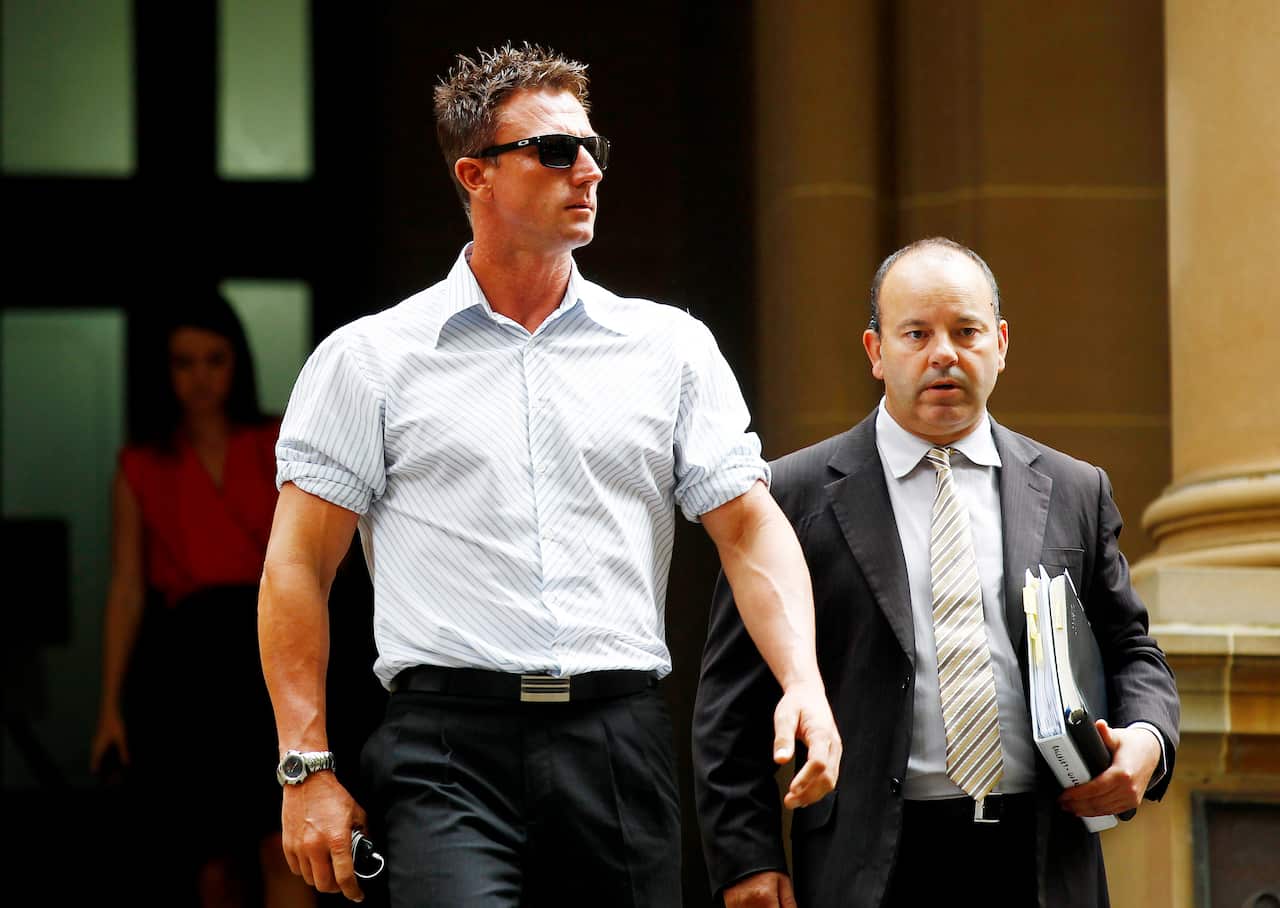 Former Olympian Nathan Baggaley leaves Central Local Court in Sydney after pleading guilty to drugs charges.