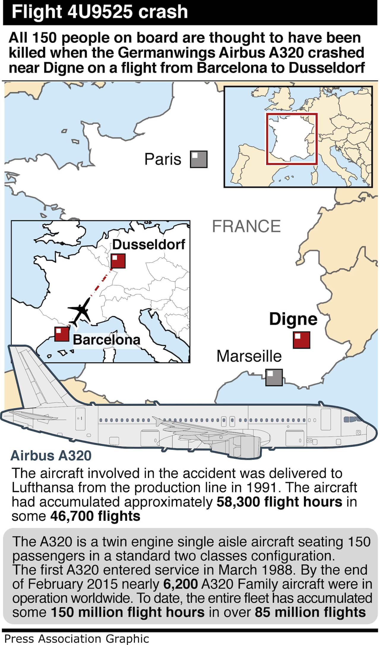 Locates Airbus A320 plane crash in France and A320 factfile. Editable versions of this graphic are available via PA Graphics or your account manager.