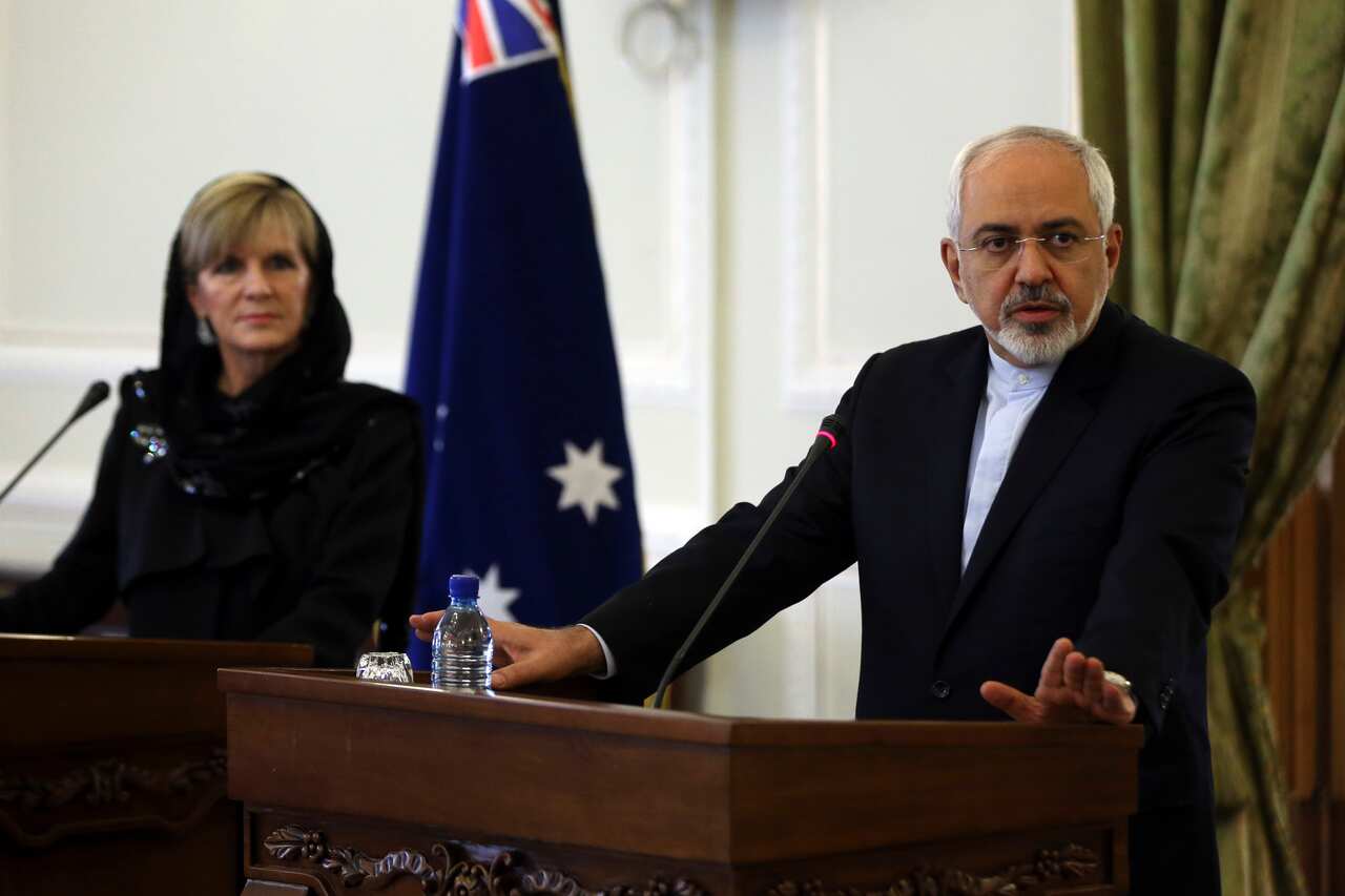 Iranian Foreign Minister Mohammad Javad Zarif, right, speaks during a joint press conference with his Australian counterpart Julie Bishop, in Tehran, Iran.