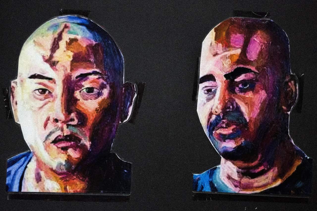 Two paintings by Myuran Sukumaran - on the left, Andrew Chan, on the right, a self-portrait.