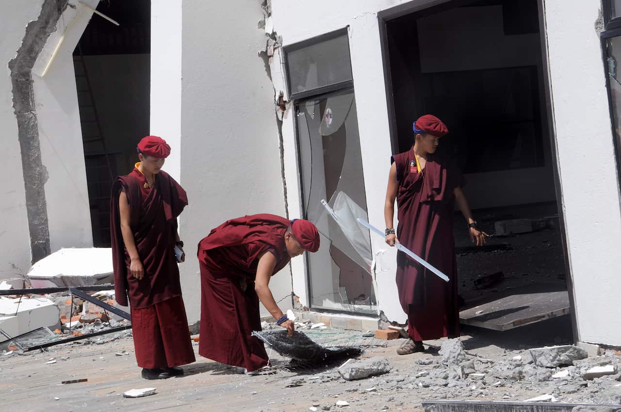 The Drunk Amitabha Mountain nunnery was damaged by the earthquake in Nepal. (Pradeep Bashyal/The Washington Post)