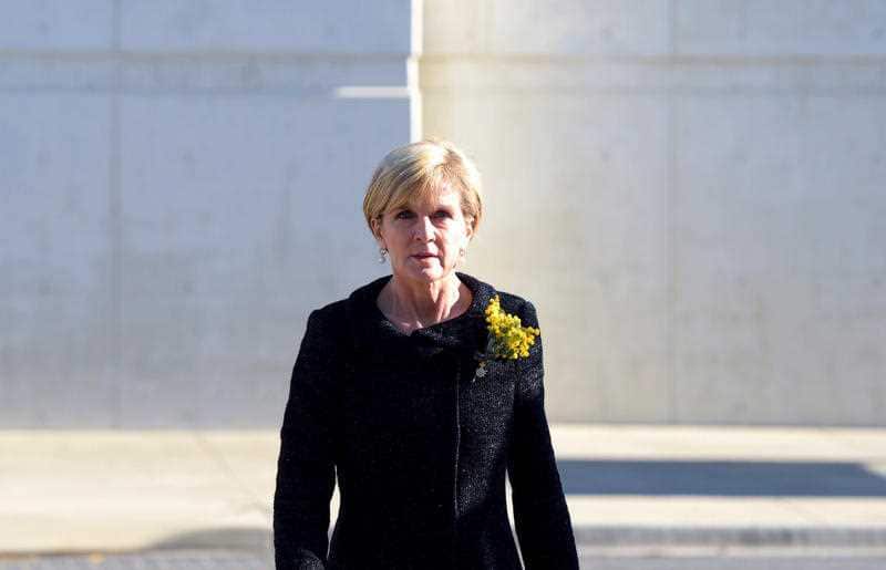 Australian Federal Foreign Minister Julie Bishop arrives to attend a national memorial service to honour the people that died as a result of the downing of Malaysian Airlines Flight 17 at Parliament House in Canberra, Friday, July 17, 2015.
