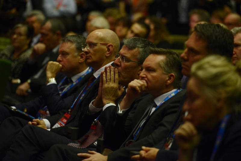 Opposition front benchers at the first session of the 2015 ALP National Conference