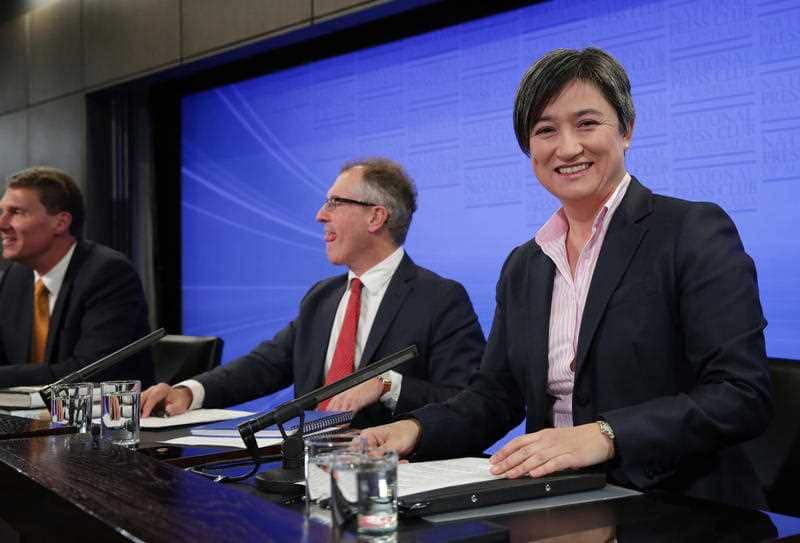 Senators Cory Bernardi and Penny Wong prepare to debate gay marriage at the National Press Club of Australia in Canberra