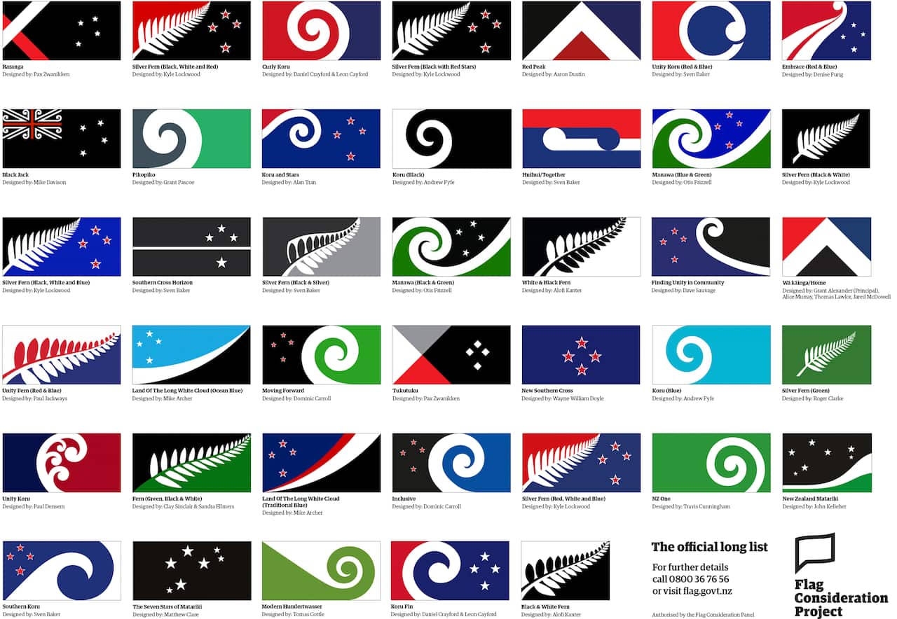 This image released by the New Zealand Flag Consideration Project shows 40 designs being considered as the new flag for New Zealand in Wellington, New Zealand.  