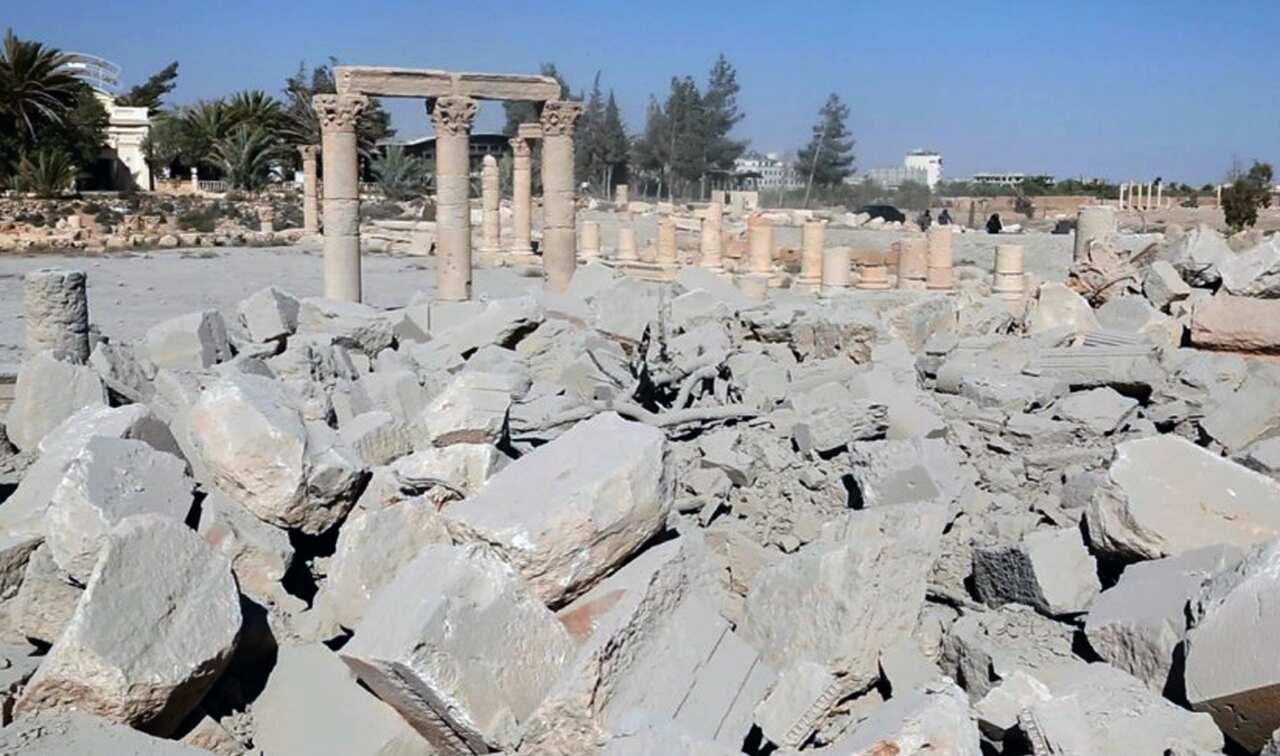 This undated photo released shows the demolished 2,000-year-old temple of Baalshamin in Syria's ancient caravan city of Palmyra. (Islamic State social media account via AP)
