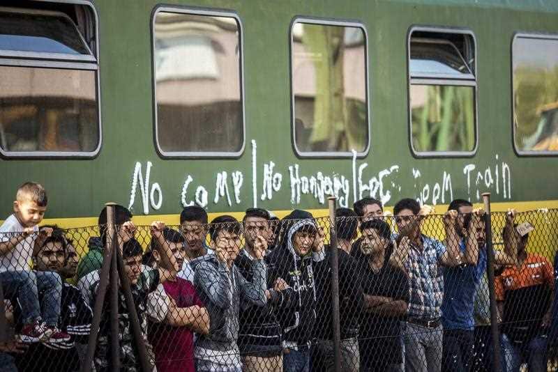 Migrants protest against being stuck at the Railway Station in Bicske, Hungary.