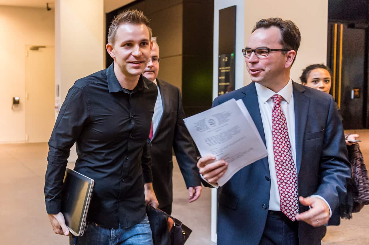 Max Schrems (L) and his lawyer at the European Court of Justice in Luxembourg in 2015.