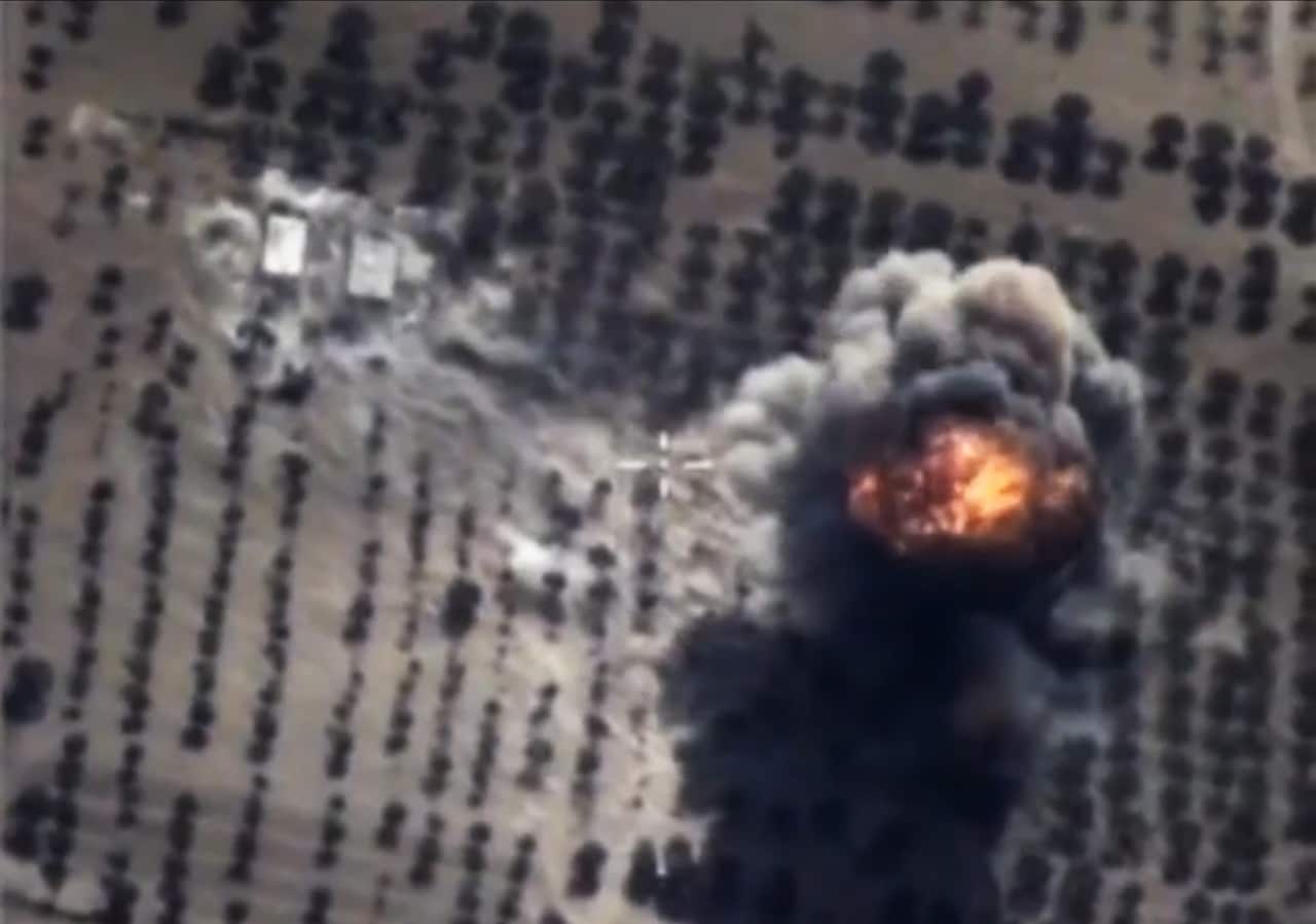 An aerial view of bomb explosion after airsrike carried out by Russian Su-24M bomber against so-called Islamic State (ISIS or IS) facilities in Idlib province, Syria.