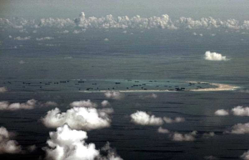 Areal view of alleged artificial islands built by China in disputed waters in the South China Sea, west of Palawan, Philippines