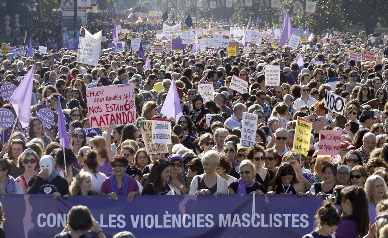 Thousands of mainly women join a protest march against male violence in downtown Madrid, Spain