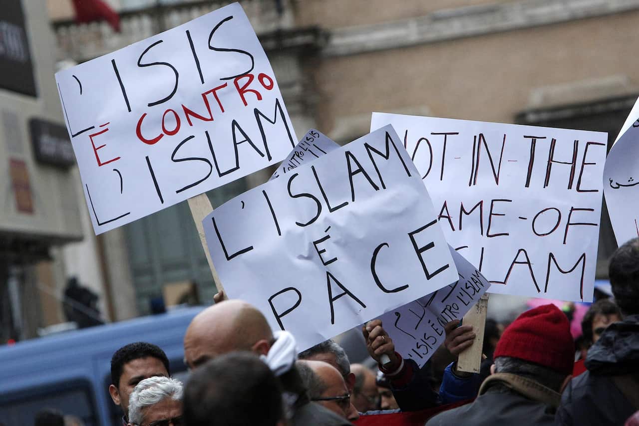 People protest against terrorism in Rome, Italy.