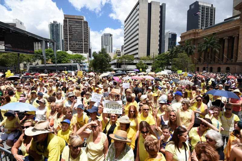 Thousands of people have gathered in Brisbane's CBD to protest against the murder conviction of wife killer Gerard Baden-Clay being downgraded to manslaughter.