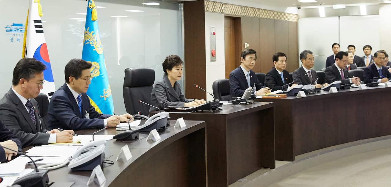 President Park Geun-hye (3rd from L) presides over a meeting of the National Security Council at the presidential office of Cheong Wa Dae in Seoul. (AAP)