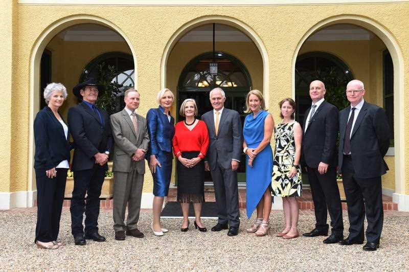(L-R) Australian of the Year finalists, Anne Carey WA, Will MacGregor Northern Territory, David Morrison from the ACT, Catherine McGregor Queensland, Lucy Turnbull, PM Malcolm Turnbull Elizabeth Broderick, ane Hutchinson from Tasmania, Dr John Greenwood a