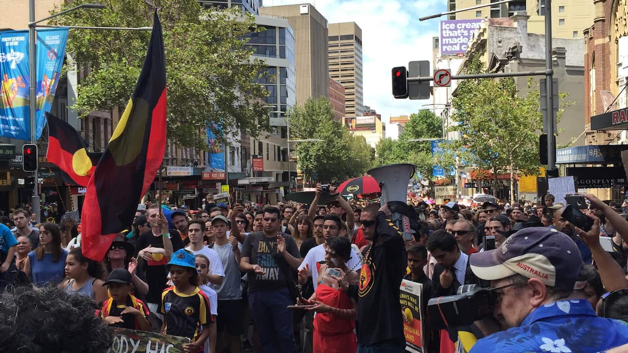 The Invasion Day march in Sydney from The Block in Redfern to Town Hall and then onto Australian Hall on Elizabeth St, Sydney.