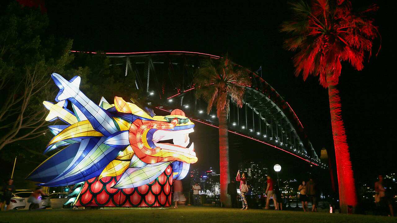 The Harbour Bridge is lit up with red lights to celebrate and launch the 2016 Chinese New Year in Sydney