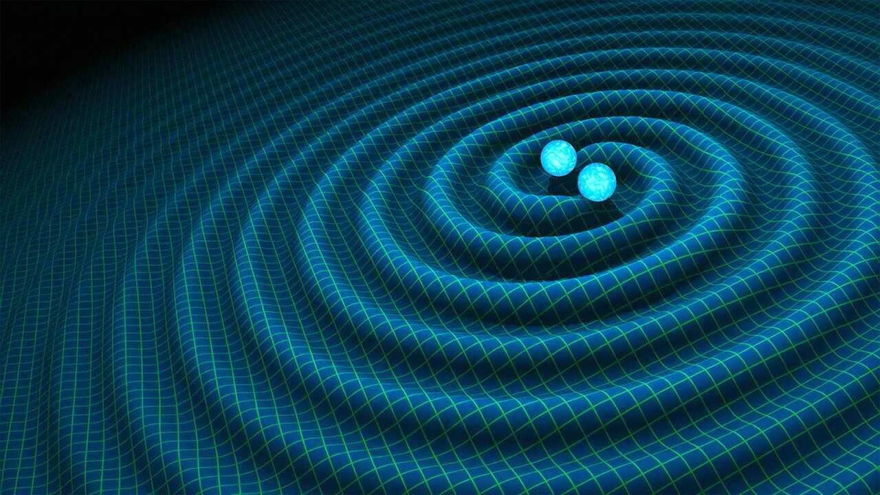 A undated handout graphic, made available 11 February 2016 by NASA /  CALTECH-JPL, showing an artist's impression of gravitational waves generated by binary neutron stars. 