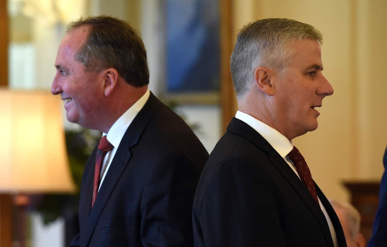 Australian Deputy Prime Minister Barnaby Joyce and Assistant Minister for Defence Michael McCormack at a swearing-in ceremony at Government House in Canberra on Thursday, Feb. 18, 2016. (AAP Image/Mick Tsikas) NO ARCHIVING