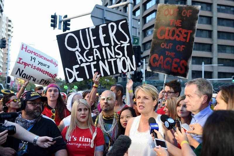 Leader of the Opposition Bill Shorten and deputy leader Tanya Plibersek speak to media prior to the Gay and Lesbian Mardi Gras in Sydney.