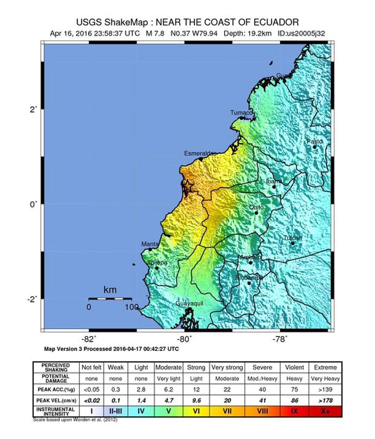 A handout shakemap released by the US Geological Survey (USGS) shows the location of a 7.8 magnitude earthquake near the coast of Ecuador, 16 April 2016.