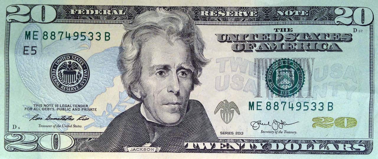 The front of the current US $20 bill, featuring a likeness of Andrew Jackson, seventh president of the United States
