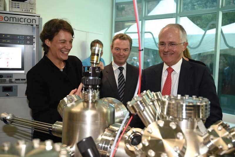 Prime Minister Malcolm Turnbull and Professor Michelle Simmons attend opening of a quantum computing lab at the University of New South Wales.