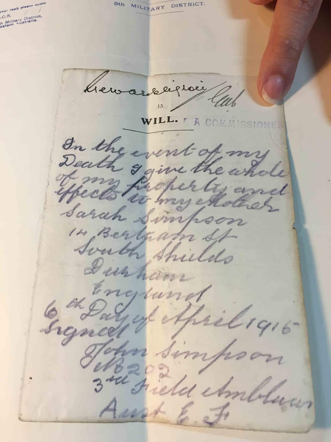 The 101 year old will of Anzac John Simpson, of the Simpson and his Donkey legend. The will has been newly discovered by the WA State Records Office.