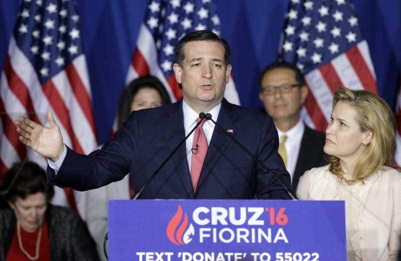 Republican presidential candidate, Sen. Ted Cruz, R-Texas, speaks as his wife, Heidi, listens during a primary night campaign event