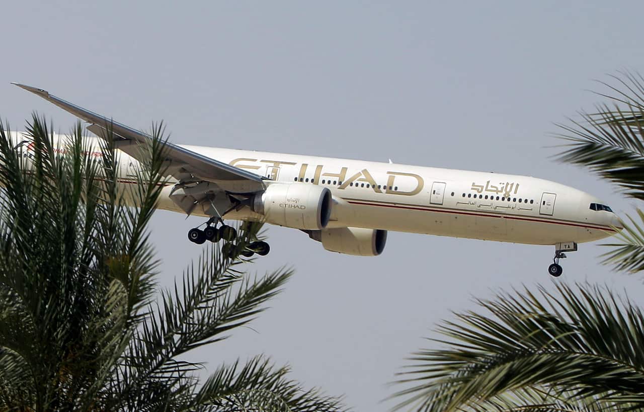 An Etihad Airways plane preparing to land