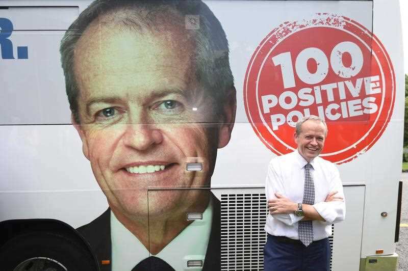 Leader of the Opposition Bill Shorten poses with his campaign bus after visiting Cairns West State School as part of the 2016 election campaign