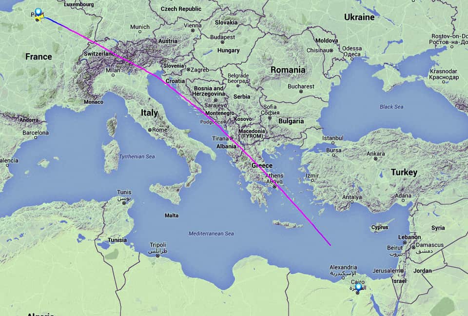 The track displayed on Flightradar24 showing the EgyptAir aircraft travelling from Paris to Cairo