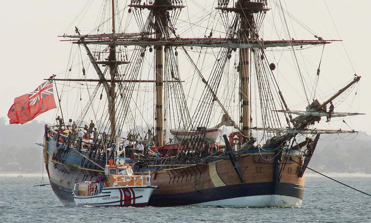 The Endeavour, a replica of Captain James Cook's ship of discovery, lies at anchor in Botany Bay at Sydney, Australia. 